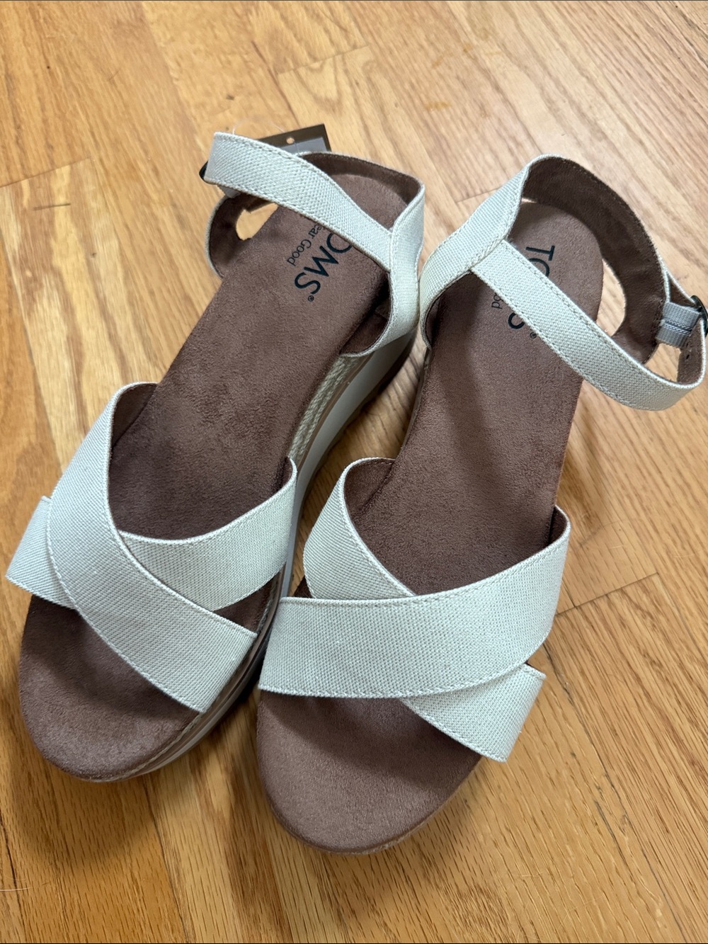 Toms Women's Cream Canvas Cross-Strap Wedge Sandals